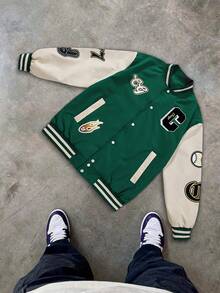 MAISONFOX Men's Color Block Letter Print Button Up Jacket,Men College Style Varsity Jacket, Vacation, Fashion, Long Sleeve Color Block Baseball Jacket - Army Green - View 1