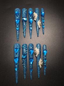 Each Set Consists Of 10 Pieces Of Handmade Acrylic Nail Plates For Y2K Stiletto Heels, Designed In French Style With Many Rhinestones And Petal Decorations, Available In Multiple Tones And Nude Colors. 3 Sizes To Fit, Suitable For Parties, Dances, And Daily Wear, Comes With A Nail Kit, Making It An Ideal Press On Nails Gift For Ladies And Girls. - Multicolor - View 2