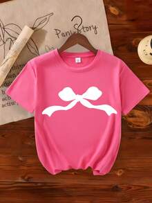 女童夏季上衣和短裤两件套，宽松短袖T恤套装，休闲简约风格，适合夏季穿着，适合上学/运动/户外活动 - 玫紅色 - 查看 3