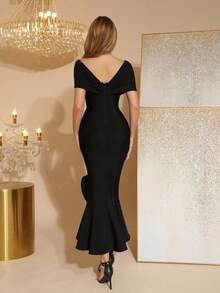 Elegant Ladies' Heavy Industry Shining Pearl Diamond Decorative Bandage Sexy V-Neck Backless Irregular Lotus Leaf Skirt Wrap Dress, Suitable For Dates, Bachelorette Parties, Dinners, Dances, Graduation Ceremonies, Dinners, Weddings And Formal Occasions Evening Dresses - Black - View 5