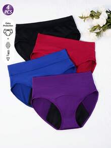 4pcs Women's Solid Color High Waist Menstrual Panties, Absorbent Leak-Proof For Period & Postpartum, Comfortable Fitted Underwear - Multicolor - View 9