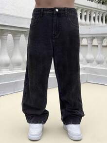 斜插口袋棉质直筒牛仔裤，个性百搭宽松直筒水洗牛仔裤，情侣款直筒宽松 - 黑色 - 查看 5
