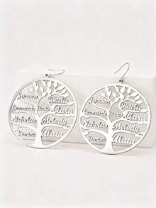 Personalized Family Tree Name Hoop Earrings,Custom Family Names Earrings,Personalized Christmas Tree Of Life Earrings,Women's Jewelry,Exaggerated Custom Hoops,Multiple Names Earring,Custom Hoop,Fashion Christmas Gifts, Gifts For Family Members - Silver - View 6