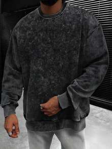 男士街头时尚秋季水洗做旧效果黑色套头卫衣深色系长袖适合日常休闲穿着，可作为男友礼物 - 黑色 - 查看 1