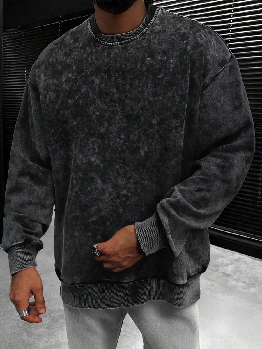 男士街头时尚秋季水洗做旧效果黑色套头卫衣深色系长袖适合日常休闲穿着，可作为男友礼物 - 黑色 - 查看 1
