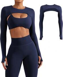 Women Crop Top Long Sleeve Bolero Open Front Workout Cropped Shirts Sports Shrug - Hải quân - Xem 12