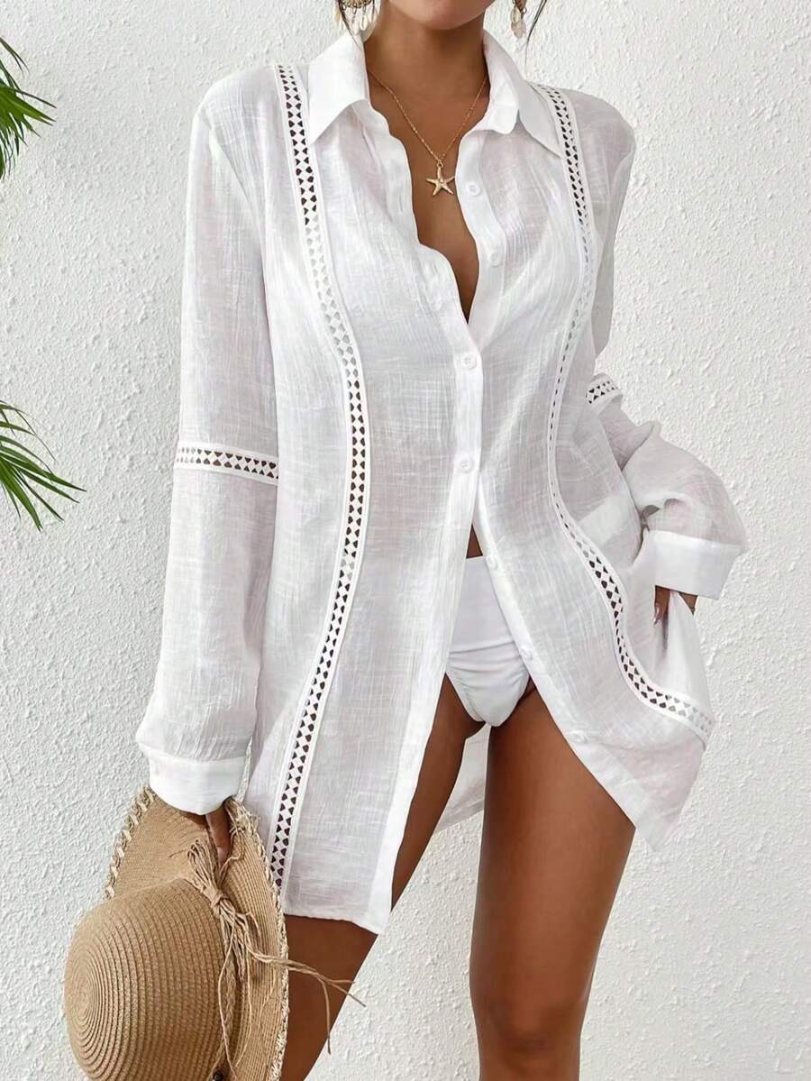 Áo kiểu nữ dài tay màu trơn, cài cúc phía trước, phối ren, màu trắng, thích hợp cho mùa hè. - trắng - Xem 1