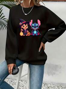 Women'S Halloween & Christmas Graphic Sweatshirt - Cozy Round Neck Pullover With Stitch & Lilo Design, White Casual Long Sleeve Sweatshirt For Fall/Winter, Perfect For Home, Work, Or Shopping, Halloween Clothing | Playful Design | Comfortable Fit, Halloween Sweatshirt - Black - View 1
