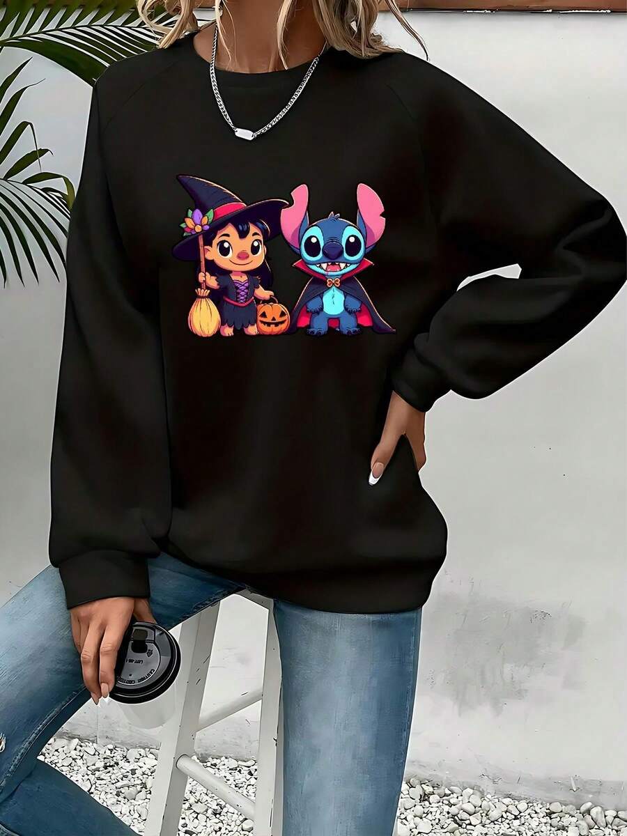 Women'S Halloween & Christmas Graphic Sweatshirt - Cozy Round Neck Pullover With Stitch & Lilo Design, White Casual Long Sleeve Sweatshirt For Fall/Winter, Perfect For Home, Work, Or Shopping, Halloween Clothing | Playful Design | Comfortable Fit, Halloween Sweatshirt - Black - View 1