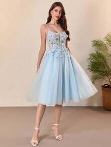 Elegant Women's Light Blue Lace Prom Dress Sleeveless Deep V Neck With Floral Appliques And Lace Embroidery Evening Dresses - Baby Blue - View 2