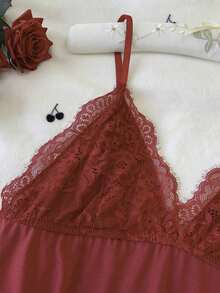 Women's Bow Decor Sexy Camisole Nightgown, Backless Lace Babydoll Dress With Adjustable Straps, Deep V Sexy Lingerie, Floral Lace Contrast Color Soft Knit Robe And Pajamas, Women's Solid Color Fitted Slit Nightgown, Suitable For Bedroom, Honeymoon, Anniversary, Bridal Gift, Pajama Party - 酒紅色 - 查看 11