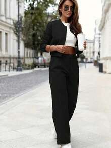 女士休闲优雅时尚纯色翻领纽扣外套及口袋长裤两件套，适合办公室、通勤和日常穿着，长袖黑色春季款 - 黑色 - 查看 5