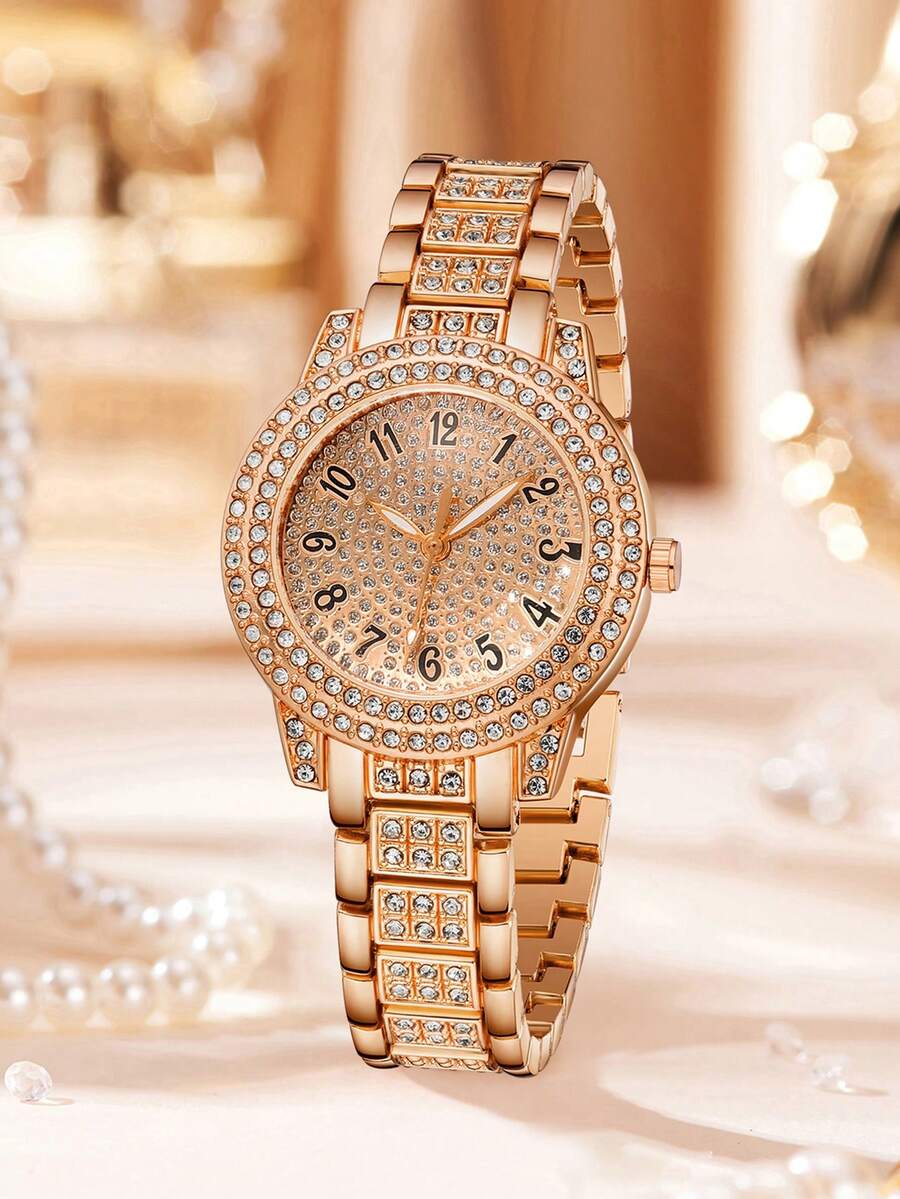 1pc Women's Watch, Rose Gold Alloy Strap, Luxury Rhinestone Design, Numeric Dial, Round Quartz Watch, Suitable For Daily Wear, Perfect Gift For Girlfriend Or Mother - Rose Gold - View 1