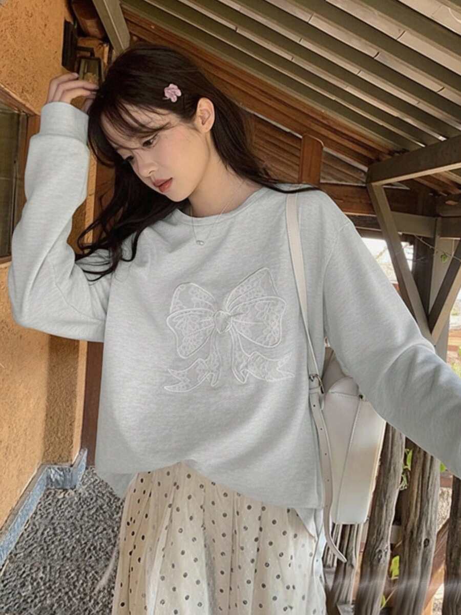 Camiseta de manga larga con bordado de lazo casual para primavera/otoño - Gris Claro - Ver 1