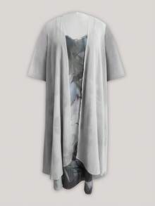 女士加大码优雅V领羽毛印花无袖连衣裙搭配七分袖雪纺开衫两件套，适合春、夏、秋季度假穿着 - 銀色 - 查看 2