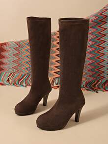 女士坡跟过膝长靴，绒面革波西米亚风冬季长靴，超高跟长靴，波西米亚风毛绒内衬过膝长靴，新款复古长靴，粗跟圆头百搭踝靴，厚底 - 咖啡棕 - 查看 6