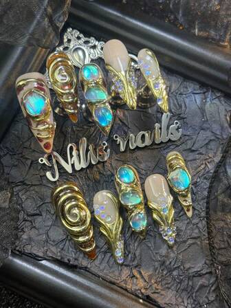 10pcs Stiletto Nail Set, Handmade Nail ArtStickers,3D Three-Dimensional Nail Rhinestone Steel Ball Accessories, Colorful Shiny Nail Gems, Amber Tie Dye Champagne Chrome French Tip Hand Drawn Geometric Patterns In Y2k Style Wearable NailArt Set Suitable For Women To WearDaily Parties (With: A Piece Of JellyGlue And A Friction Strip) Nail SuppliesNails