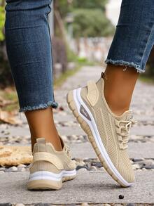 Women's Casual Athletic Shoes, Knitted Fashion Upper, Solid Color Casual Shoes, Simple And Versatile, Suitable For Sports, Fitness, Hiking, And Can Be Worn In 4 Seasons. Running Shoes, Everyday Walking Shoes, Minimalist Style, Multi-Functional Footwear, Refreshing And Fashionable Fabric, Flexible Sole, Low-Top Shoes, Casual Athletic Shoes, Outdoor , Fashionable Women. - Apricot - View 6