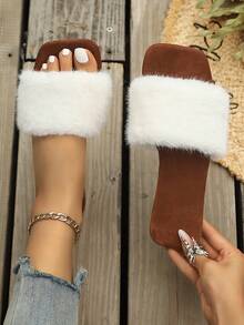 Women's Fluffy Rhinestone Open Toe Slip-On Slippers, Comfortable Indoor Outdoor Casual Mules For Autumn/Winter - White - View 1