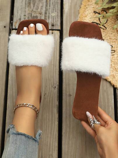 Women's Fluffy Rhinestone Open Toe Slip-On Slippers, Comfortable Indoor Outdoor Casual Mules For Autumn/Winter