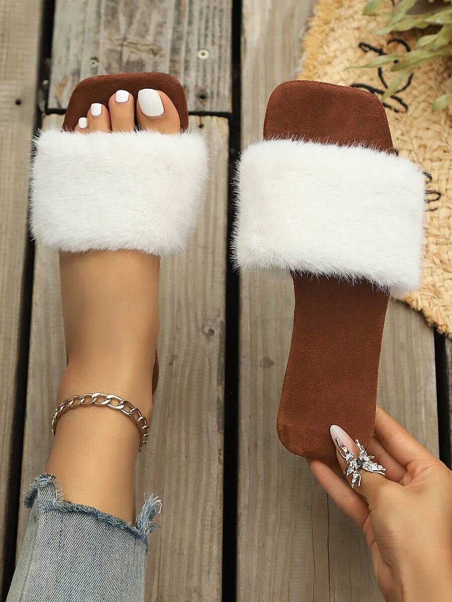 Women's Fluffy Rhinestone Open Toe Slip-On Slippers, Comfortable Indoor Outdoor Casual Mules For Autumn/Winter - White - View 1