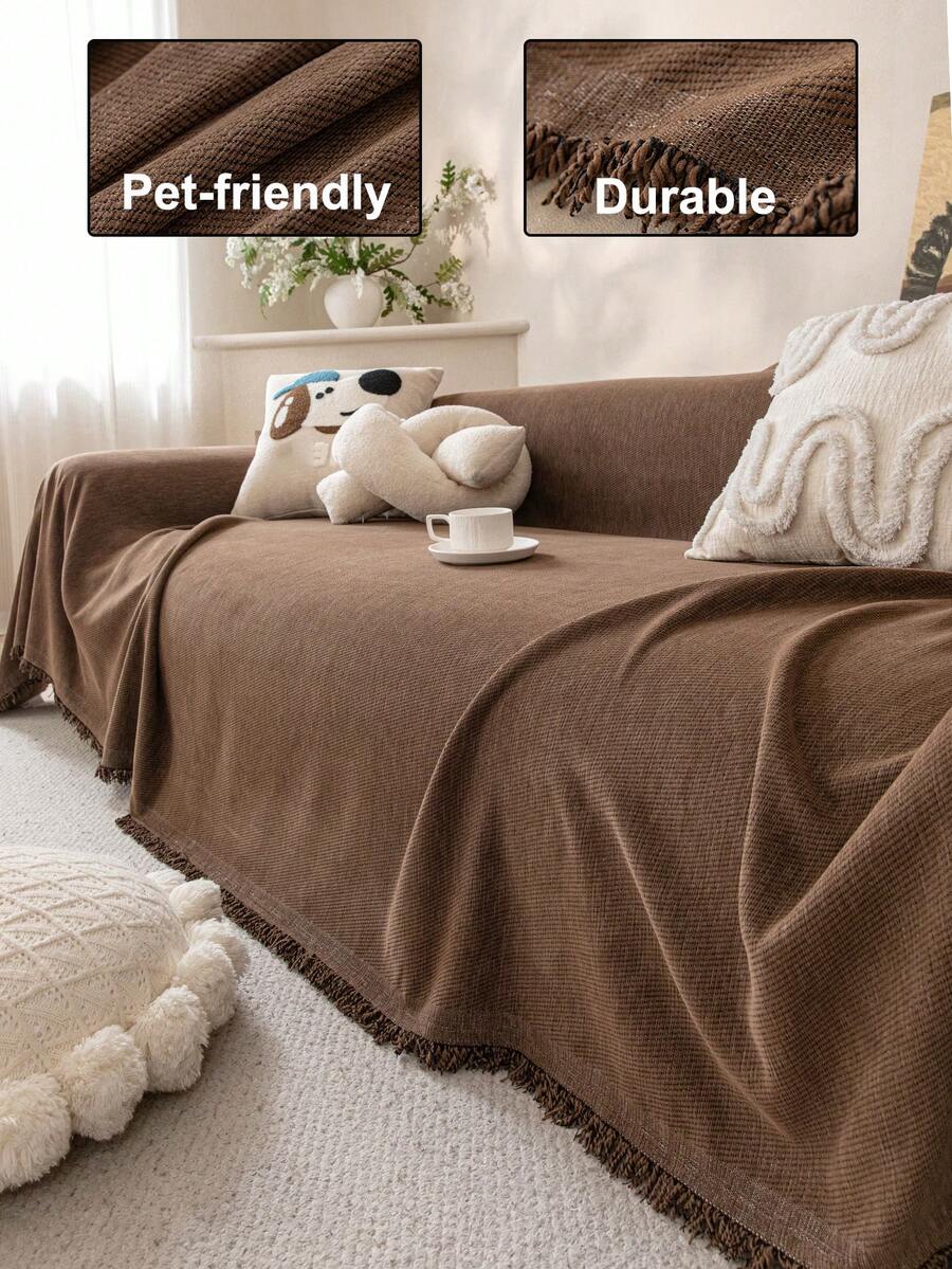 1pc High Pile Chenille Sofa Cover, Herringbone Solid Color Sofa Blanket, All Season Universal Sofa Throw, Anti-Dust And Anti-Scratch, One-Piece Sofa Cover