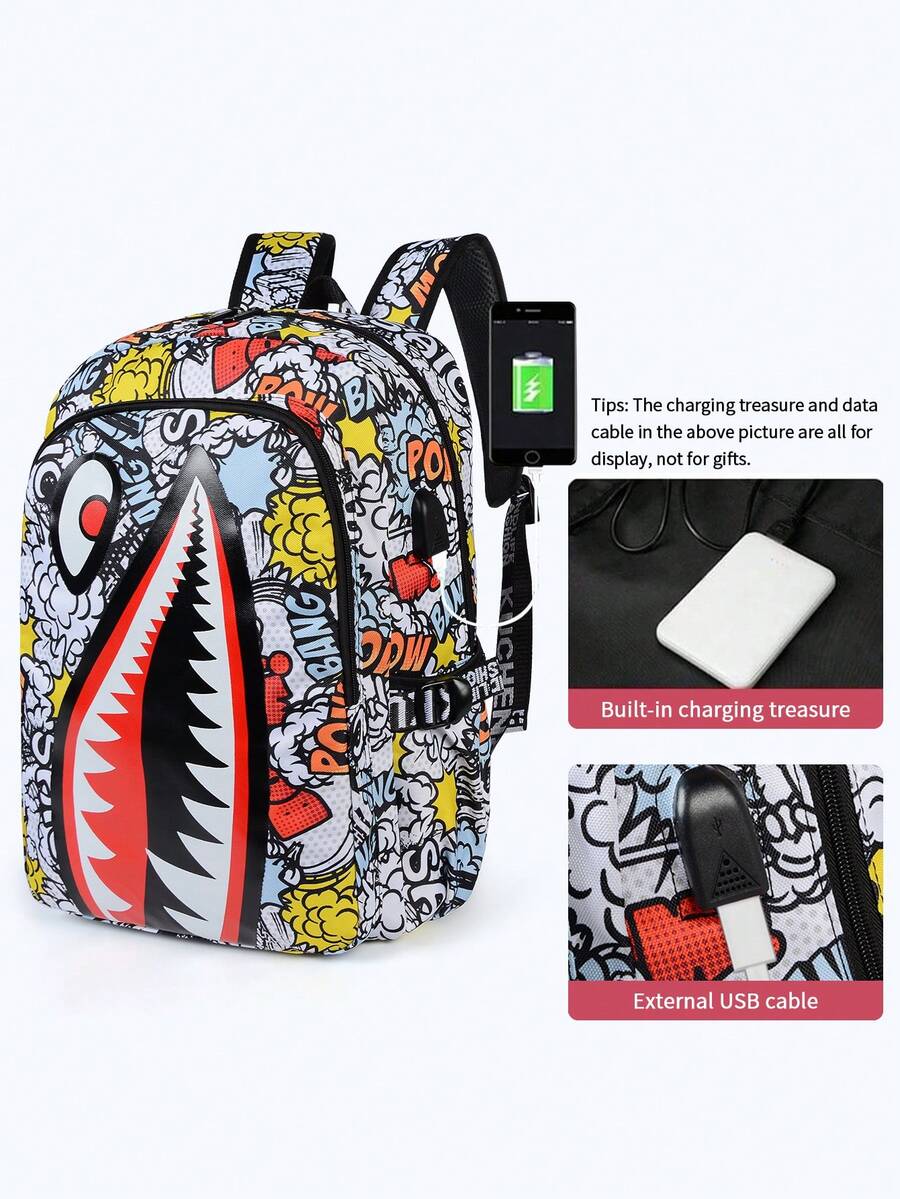 Shark Print Large Capacity Backpack For Teenagers, Minimalist Personalized Casual Daypack, Lightweight Breathable Printed Backpack For Summer, All-Over Random Printed (All Webbing Printed Letters Random) Travel Bag - Multicolor - View 1