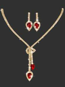 闪亮水钻翻盖晚宴包，优雅褶皱手拿包，适合派对，附赠3件套水钻首饰——吊坠项链和耳环，适合派对、晚宴、聚会、舞会、婚礼和其他场合。 - 酒紅色 - 查看 5