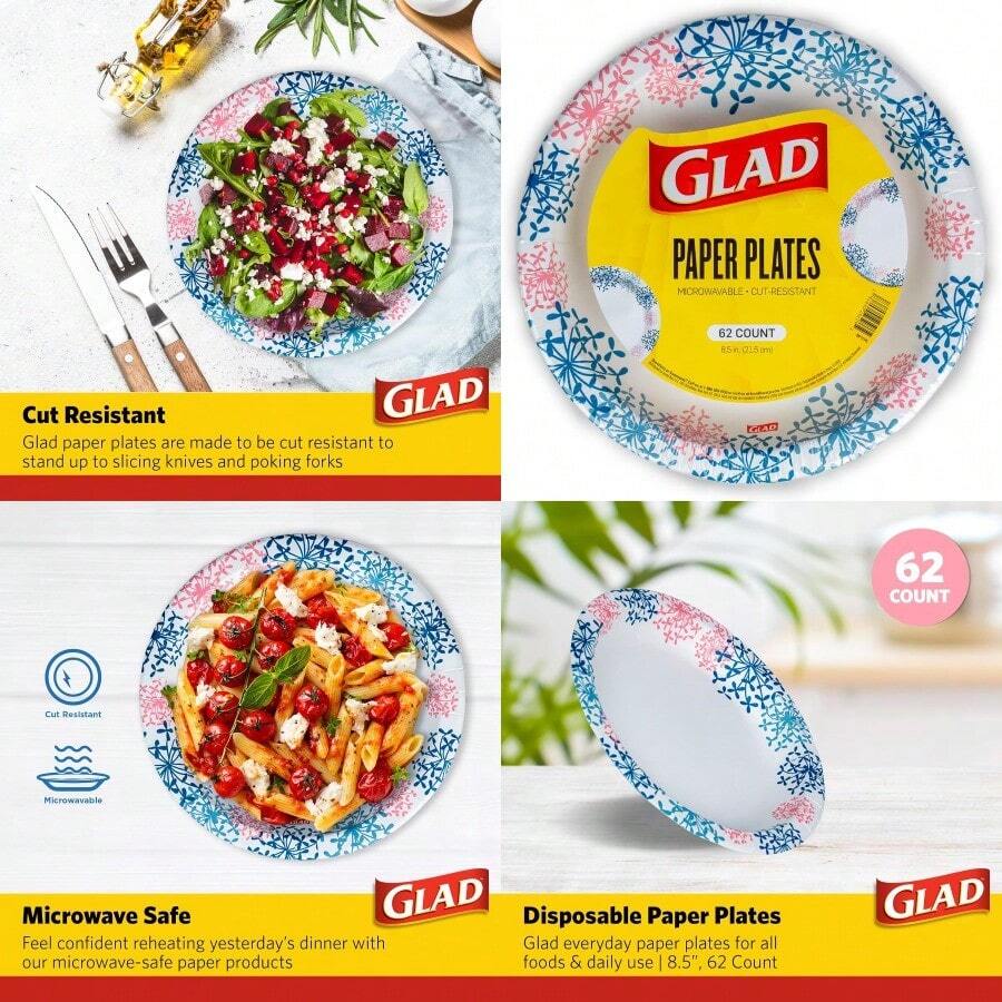 Glad - Platos de papel desechables redondos para todas las ocasiones a prueba de remojo a prueba de cortes platos desechables resistentes para microondas 8.5 pulgadas de diámetro 62 unidades de - Rosa Redondo - Ver 1