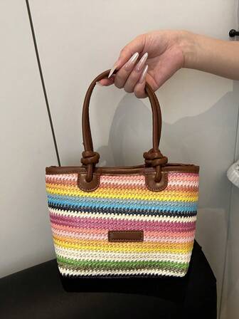 2025 Woven Shoulder Tote Bag, Large Capacity, Suitable For Beach, Travel, And Commute, Women