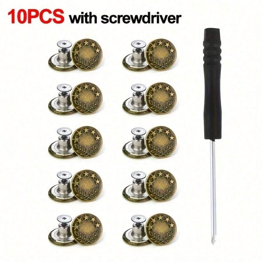 A Set Of 10 Adjustable Metal No-Sew Screw-Fixed Detachable Buckle Sets With A Box, Convenient For Waist Reduction And Denim Repair, And Easy Replacement Of Denim Buttons. - Multicolor - View 1