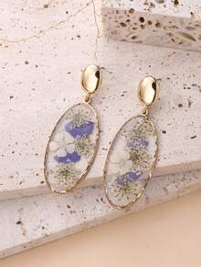 1 par de pendientes rectangulares con efecto de resina y flores secas multicolor de moda, delicados y versátiles para mujeres, adecuados para vacaciones, fiestas y uso diario. Puede haber una ligera diferencia entre la flor seca real y la imagen. - Azul neblina - Ver 4