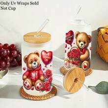 12pcs UV Dtf Valentine Teddy Pink Bear Themed Rub Ons UV DTF Transfer Stickers, With Heart Rose Flowers Pattern Art Stickers, Suitable For, Cups, Bottles DIY Furniture, Glass, Glassware, Bottles And Crafts