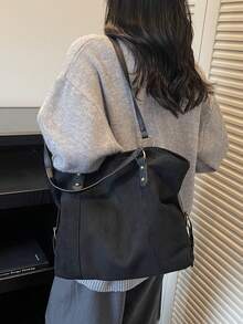 高品质大容量手提包，新款时尚复古通勤单肩托特包，女士款 - 黑色 - 查看 8