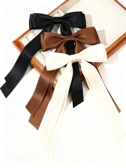 3pcs/Set Kids' Solid Color Minimalist Bow Hair Clips, Soft & Sweet Fairy Hair Clips, Cute Versatile Long Ribbon Bow Decorated Hair Clips For Girls, Suitable For Daily Outings And Holiday Parties