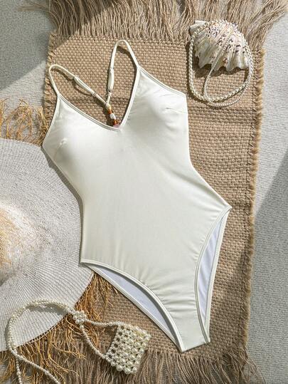 女士性感优雅休闲浪漫度假海滩旅行派对纯色串珠露背吊带连体泳衣，时尚新款春夏