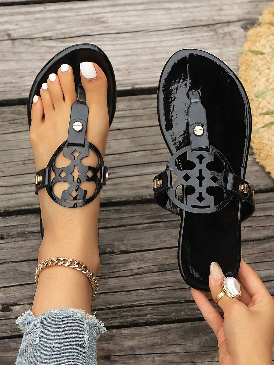 Women's Fashionable, Casual, Minimalist, Elegant, Glossy Black Flat Sandals, Brown Flat Sandals,  Homewear, Comfortable, Walking, Outdoor, Plus Size, Beach, Summer, Slip-On, Round Cutout Pattern, Round Toe, Flat Flip Flop Sandals - 黑色 - 查看 1