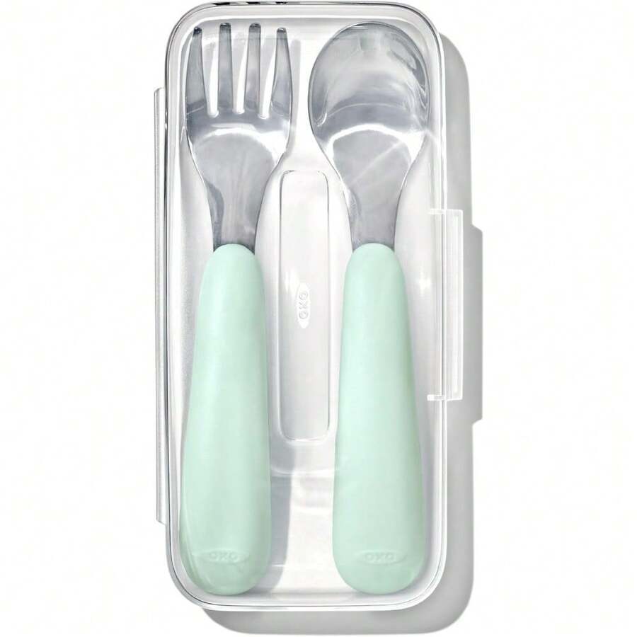 OXO Tot On-The-Go Juego de tenedor y cuchara - Flor - Verde - Ver 1