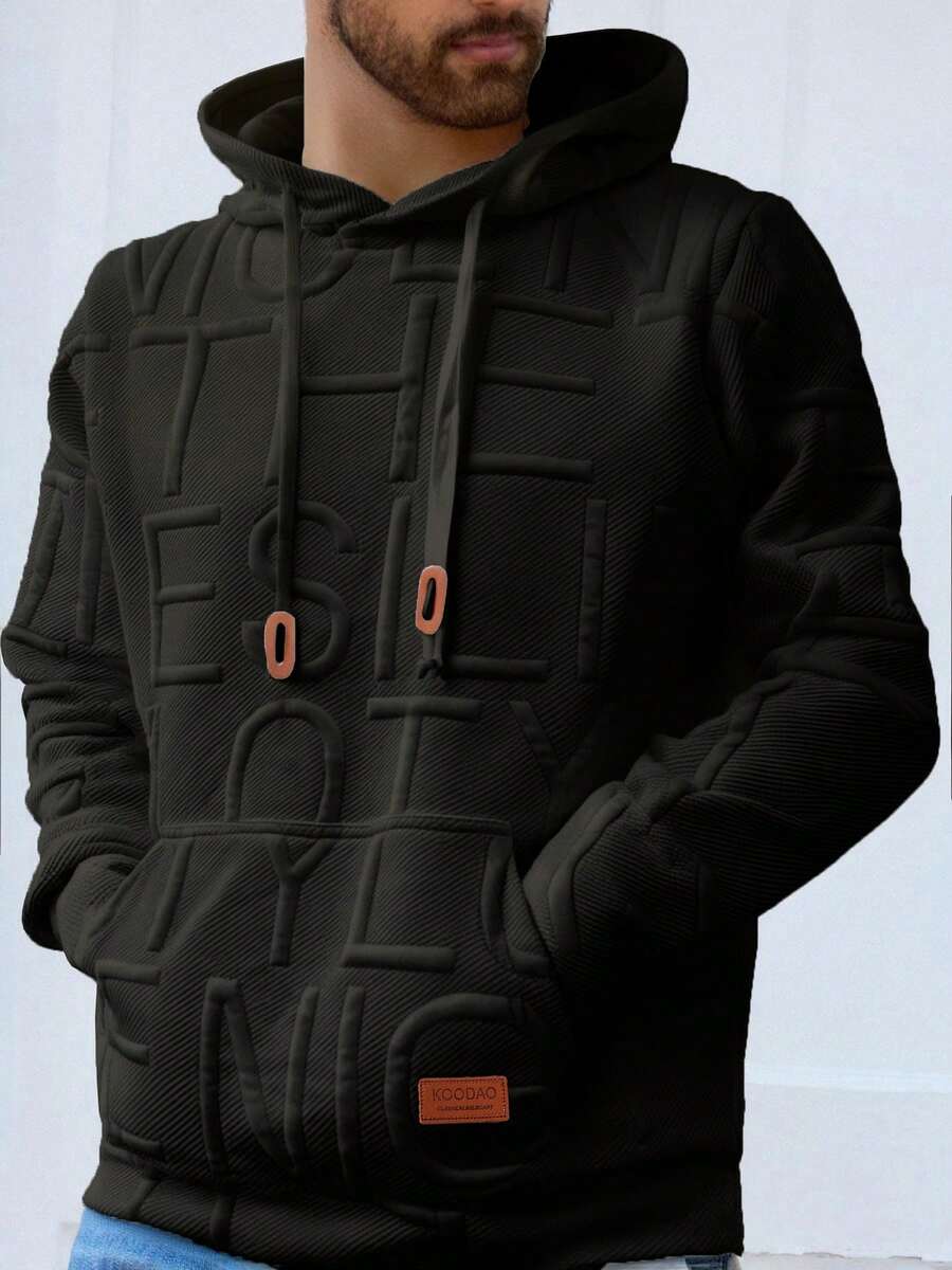 Men's Casual Sports Fashionable Hooded Plaid Jacquard Sweatshirt With Leather Label, Gift - Black - View 1