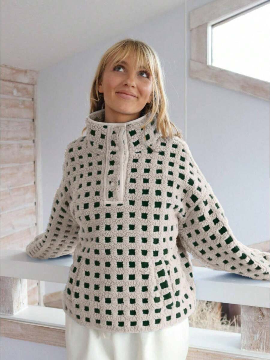 Women's Autumn And Winter High-Neck Button-Checked Pullover Knitted Top - Khaki - View 1