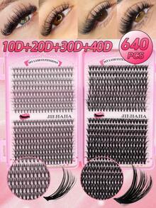 640pcs D-Curl Fluffy False Eyelashes Set, Includes Eyelash Glue, Tweezer, Mascara Brush, Magnifying Eyelashes, Lightweight & Reusable, Large Capacity Individual Lashes, Soft & Natural Mixed Lashes For 3D Volumized Eye Makeup