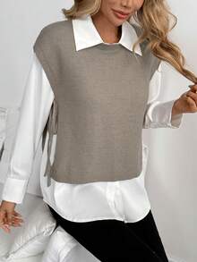 女士优雅无袖针织吊带背心，侧系带，轻盈透气休闲度假毛衣背心 - 卡其色 - 查看 10