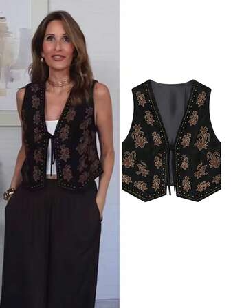 Chaleco de mujer con cuello en V, bordado de flores, estilo de vacaciones, parte superior sin mangas