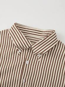 Plus Size Men's Fashion Striped Pleated Textured Fabric Collared Long Sleeve Shirt, Retro Minimalist Style Suitable For Casual Outings And Commuting - Brown - View 5