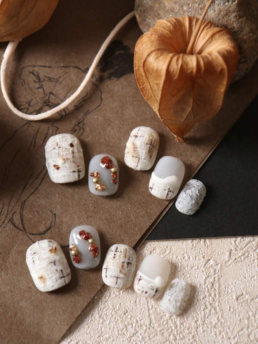 10pcs Acrylic Press On Nails White Nails Woolen Pattern French Stylenail Supplies Nails Press On Short Nails Fake Nails Artificial Nails Kit Includes 1sheet Adhesive Tabs &1 Pc Mini File - Multicolor - View 1