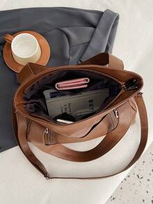 1 件复古大容量手提包，复古 PU 单肩斜挎包，女士休闲手提包和钱包 - 棕色 - 查看 11