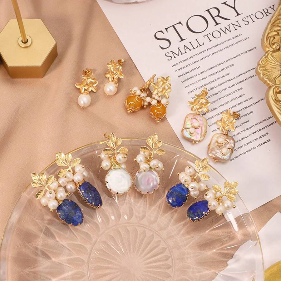 Baroque Natural Pearl Earrings Silver Needle Studs Niche High-End Vintage Long Women's Retro Jewelry - 復古祖母綠珍珠包邊耳環 - 查看 1