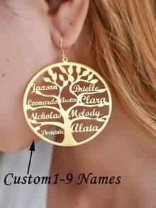 Personalized Family Tree Name Hoop Earrings,Custom Family Names Earrings,Personalized Christmas Tree Of Life Earrings,Women's Jewelry,Exaggerated Custom Hoops,Multiple Names Earring,Custom Hoop,Fashion Christmas Gifts, Gifts For Family Members - Gold - View 1