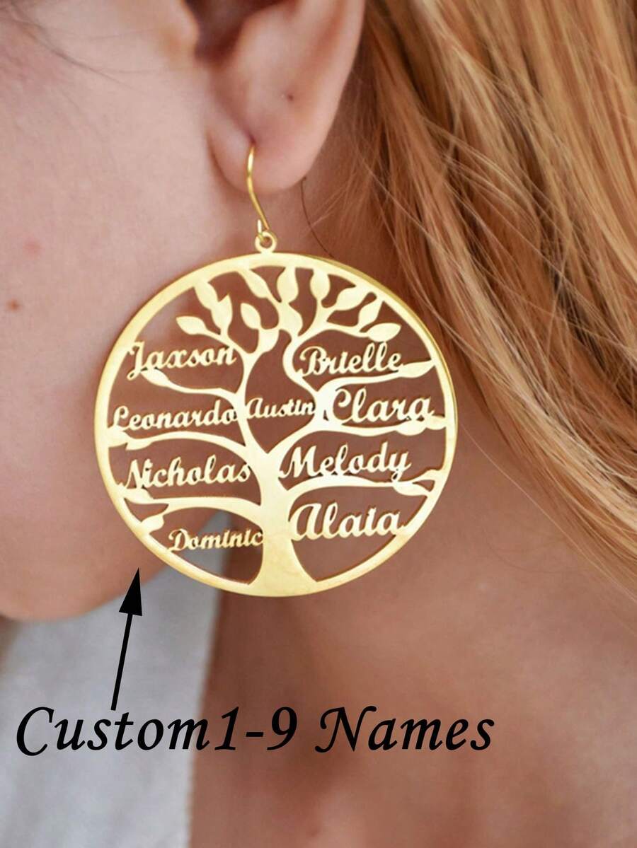 Personalized Family Tree Name Hoop Earrings,Custom Family Names Earrings,Personalized Christmas Tree Of Life Earrings,Women's Jewelry,Exaggerated Custom Hoops,Multiple Names Earring,Custom Hoop,Fashion Christmas Gifts, Gifts For Family Members - Gold - View 1
