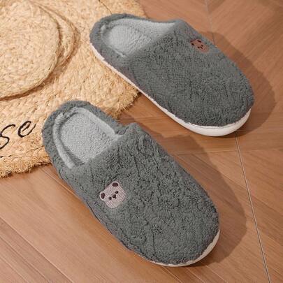 女士柔软舒适加厚可爱卡通熊图案布艺拖鞋，四季皆宜居家穿着